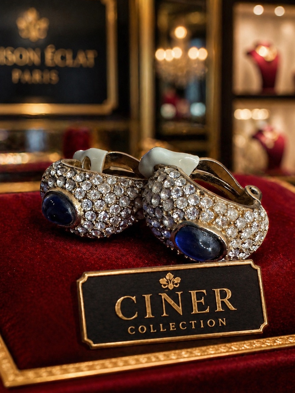 Janis Paige Vintage Ciner Jewels of India Mogul Gripoix earrings Blue Cabochon